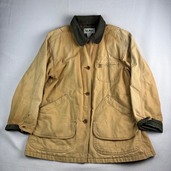 L.L. Bean Jackets & Blazers - LL Bean Vintage Field Coat Tan Cotton Canvas Plaid Flannel Lined Barn Jacket